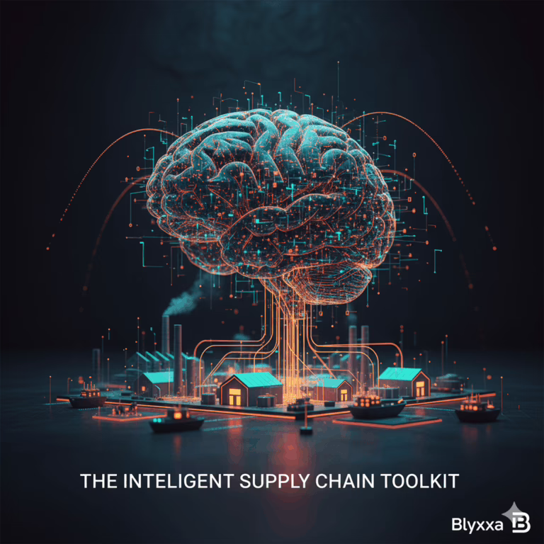 A glowing orange and turquoise brain made of data streams and logistical nodes, representing the core concept of an intelligent supply chain.