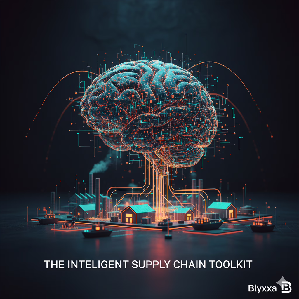 A glowing orange and turquoise brain made of data streams and logistical nodes, representing the core concept of an intelligent supply chain.