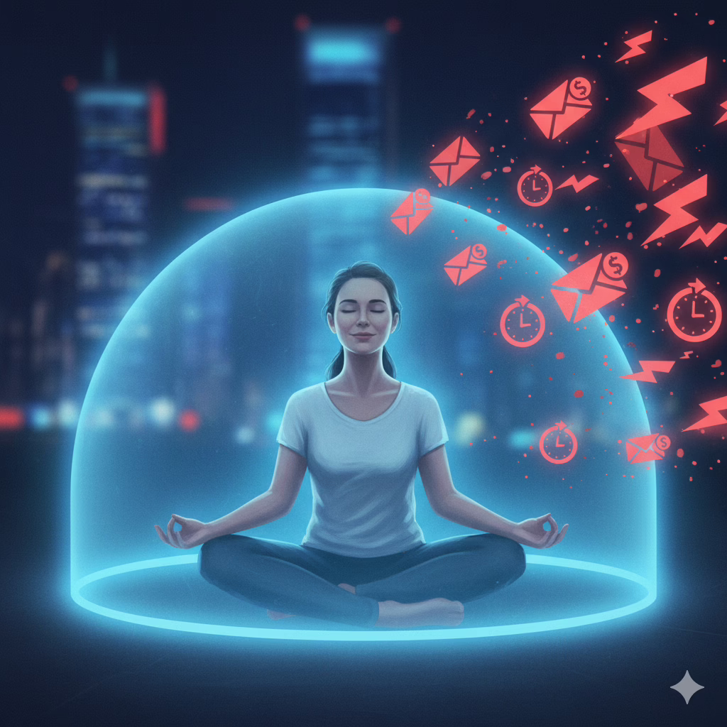 A focused person stands inside a glowing blue protective shield, while red icons representing stress and work demands bounce off the exterior, illustrating the concept of how to protect your energy.