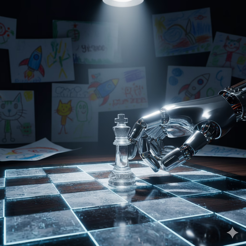 A chrome robotic hand moves a king chess piece on a futuristic, glowing chessboard under a spotlight, symbolizing strategic AI for business growth. In the blurry background, childish crayon drawings of cats and rockets represent the superficial and common uses of AI, contrasting with the advanced strategic application in the foreground.