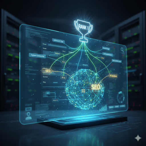 An AI neural network analyzing a holographic website structure to improve Google rankings, symbolizing the power of AI for SEO.