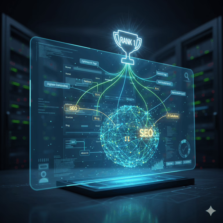 An AI neural network analyzing a holographic website structure to improve Google rankings, symbolizing the power of AI for SEO.