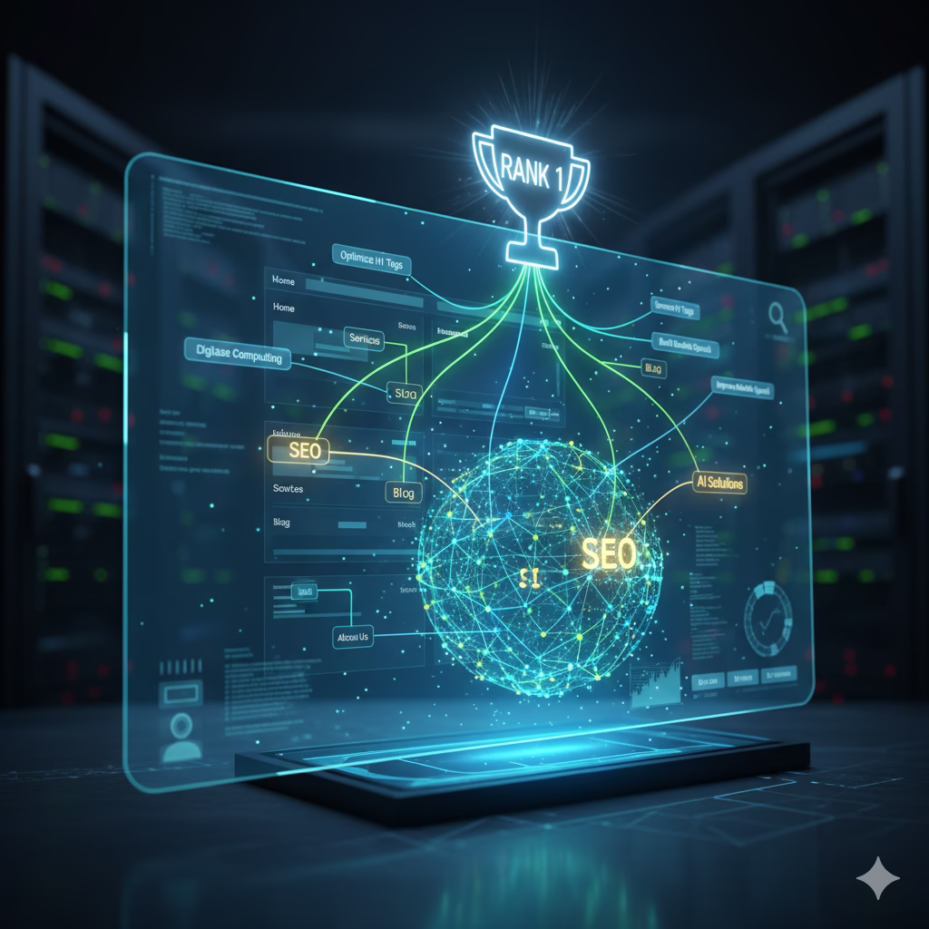 An AI neural network analyzing a holographic website structure to improve Google rankings, symbolizing the power of AI for SEO.
