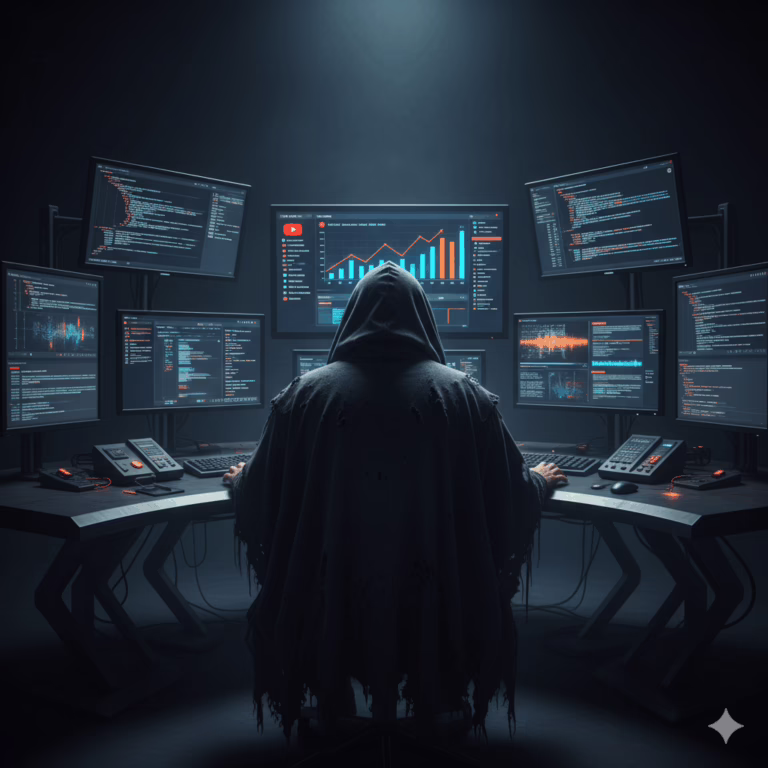 A faceless YouTube creator using AI youtube automation to manage their successful channel and create viral videos.