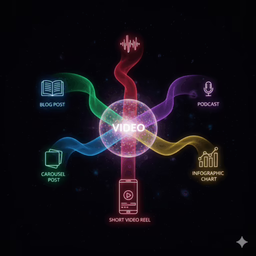 A conceptual illustration of a content repurposing masterclass, showing a central video branching out into multiple content formats like blog posts, social media carousels, and podcasts.