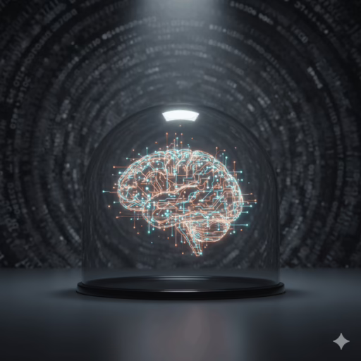 A glowing digital brain, composed of orange and light-blue circuits, protected within a sleek glass dome against a swirling backdrop of chaotic, generic digital code. This image represents a 'Walled Garden' AI content strategy, emphasizing brand safety and unique intelligence.