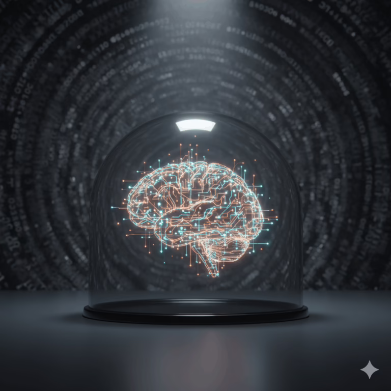 A glowing digital brain, composed of orange and light-blue circuits, protected within a sleek glass dome against a swirling backdrop of chaotic, generic digital code. This image represents a 'Walled Garden' AI content strategy, emphasizing brand safety and unique intelligence.