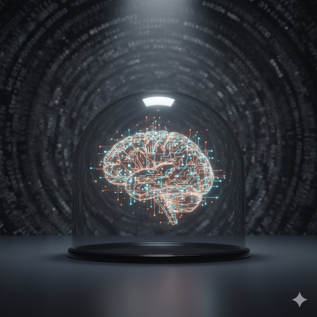 A glowing digital brain, composed of orange and light-blue circuits, protected within a sleek glass dome against a swirling backdrop of chaotic, generic digital code. This image represents a 'Walled Garden' AI content strategy, emphasizing brand safety and unique intelligence.