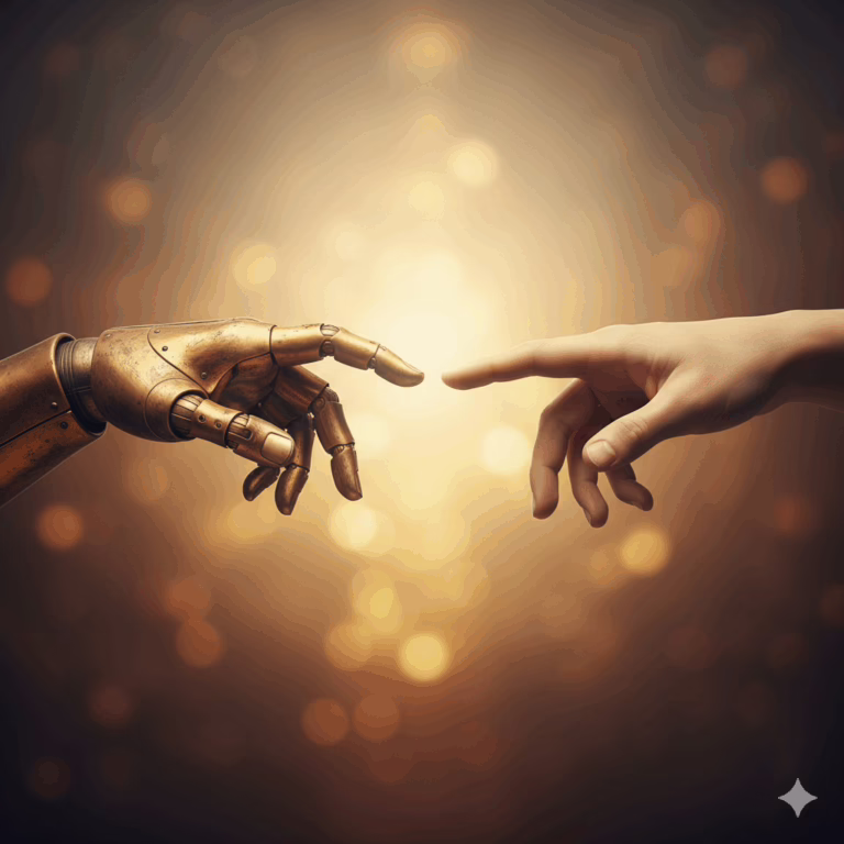 A human hand and a robot hand connecting, symbolizing the collaboration needed to make AI content sound more human and realistic.