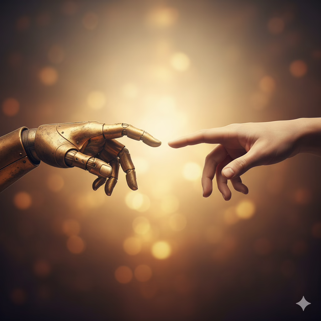 A human hand and a robot hand connecting, symbolizing the collaboration needed to make AI content sound more human and realistic.