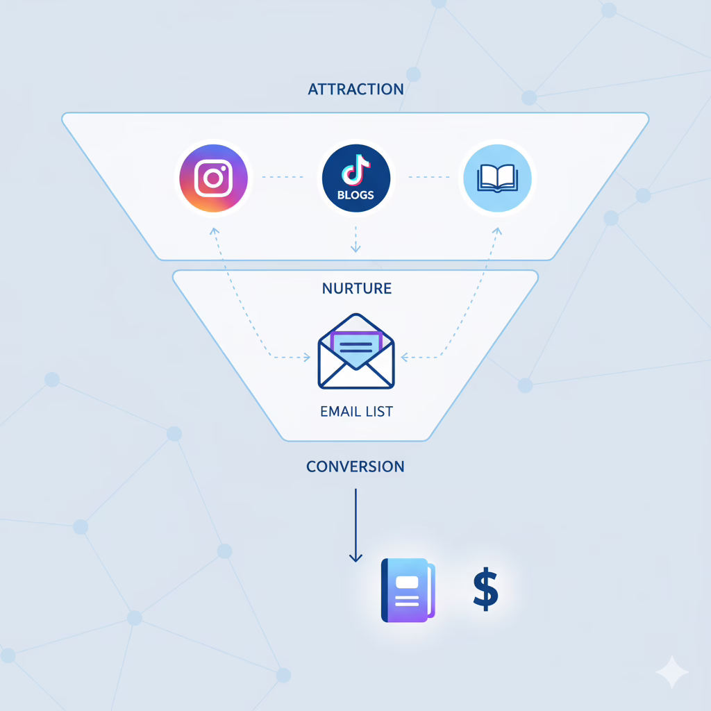 Diagram illustrating simple sales funnels for creators, moving potential customers from social media/blogs through email to a digital product sale.