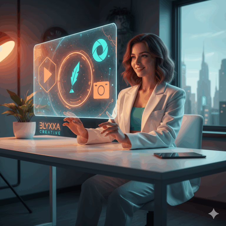 A female digital creator using a futuristic holographic interface to manage the best AI content creation tools for her workflow in 2026.