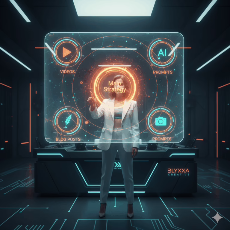 A creative strategist using a holographic interface to manage their AI content creation ecosystem, following the ultimate guide.