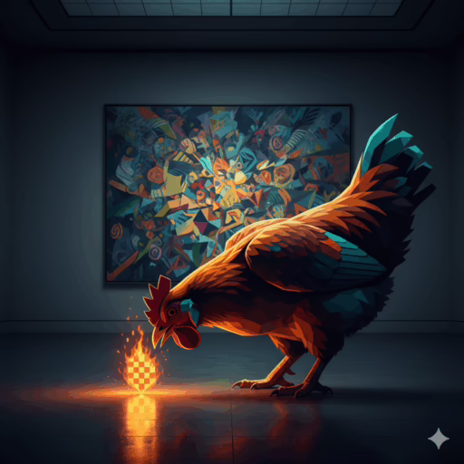 An image depicting a cubist chicken representing generic AI tactics pecking at a glowing pixelated grain of wheat, ignoring a complex painting that symbolizes a true AI content strategy in the background.