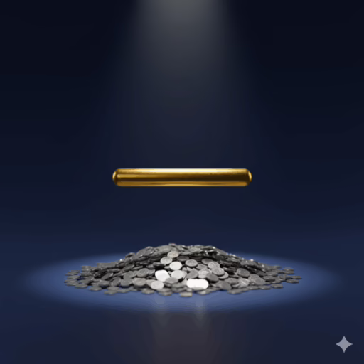 Beyond Digital Products: 7 High-Leverage Ways to Monetize Your Audience A single, floating gold ladder rung, representing high-leverage monetization, is contrasted against a blurred background of countless small silver coins, symbolizing low-value digital products.