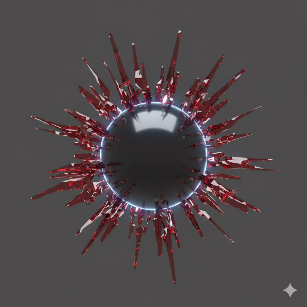 A dark, reflective sphere remains untouched in the center as sharp red fragments, representing negative comments, are deflected from its surface.