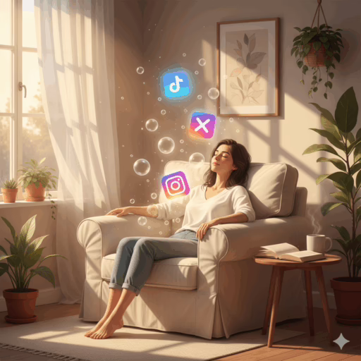 A person sits peacefully, eyes closed, as social media icons float away, symbolizing a strategic digital detox guide for creators seeking mental clarity.