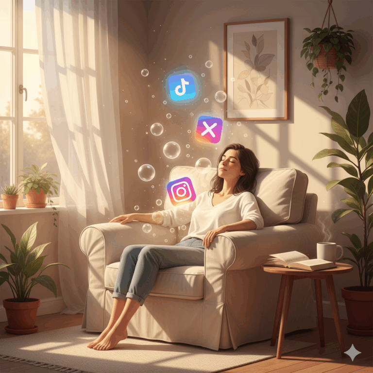 A person sits peacefully, eyes closed, as social media icons float away, symbolizing a strategic digital detox guide for creators seeking mental clarity.