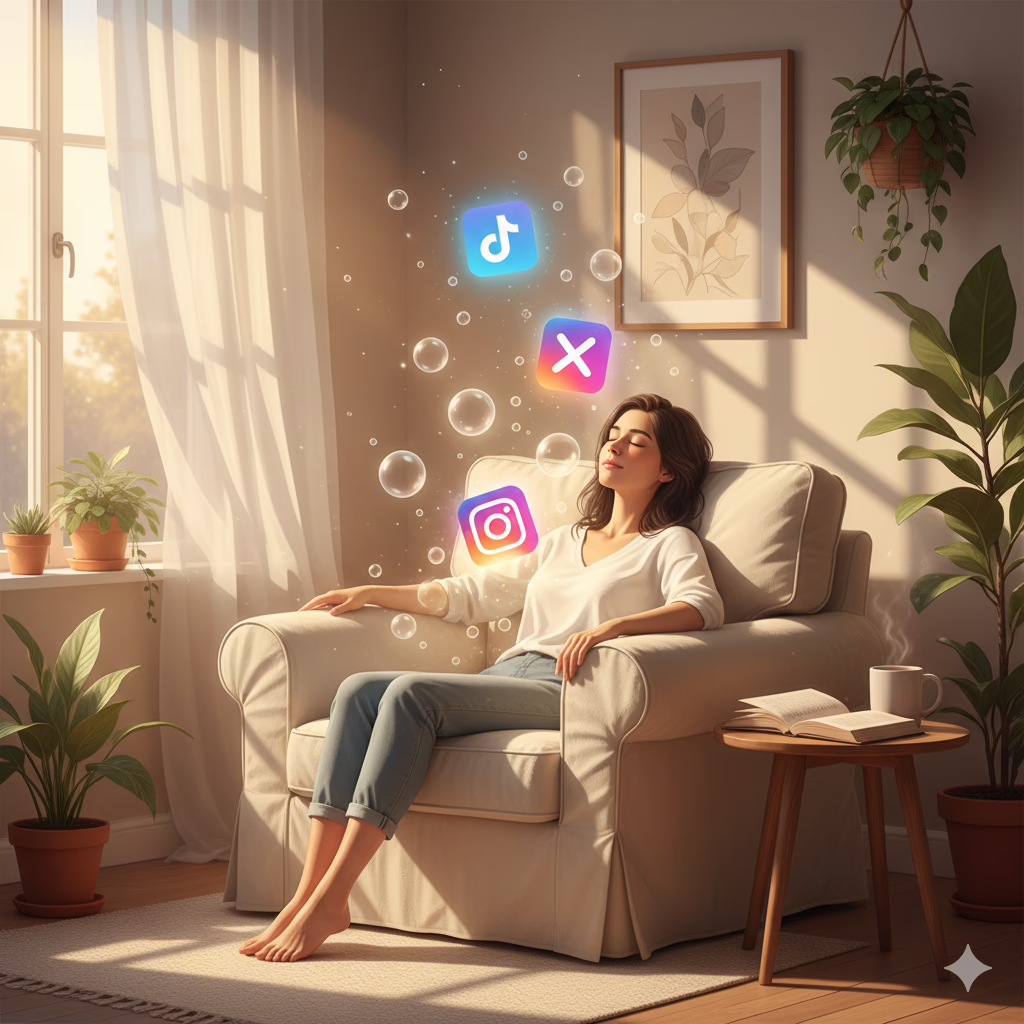 A person sits peacefully, eyes closed, as social media icons float away, symbolizing a strategic digital detox guide for creators seeking mental clarity.